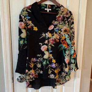 Black & Floral Long Sleeve Blouse, XL